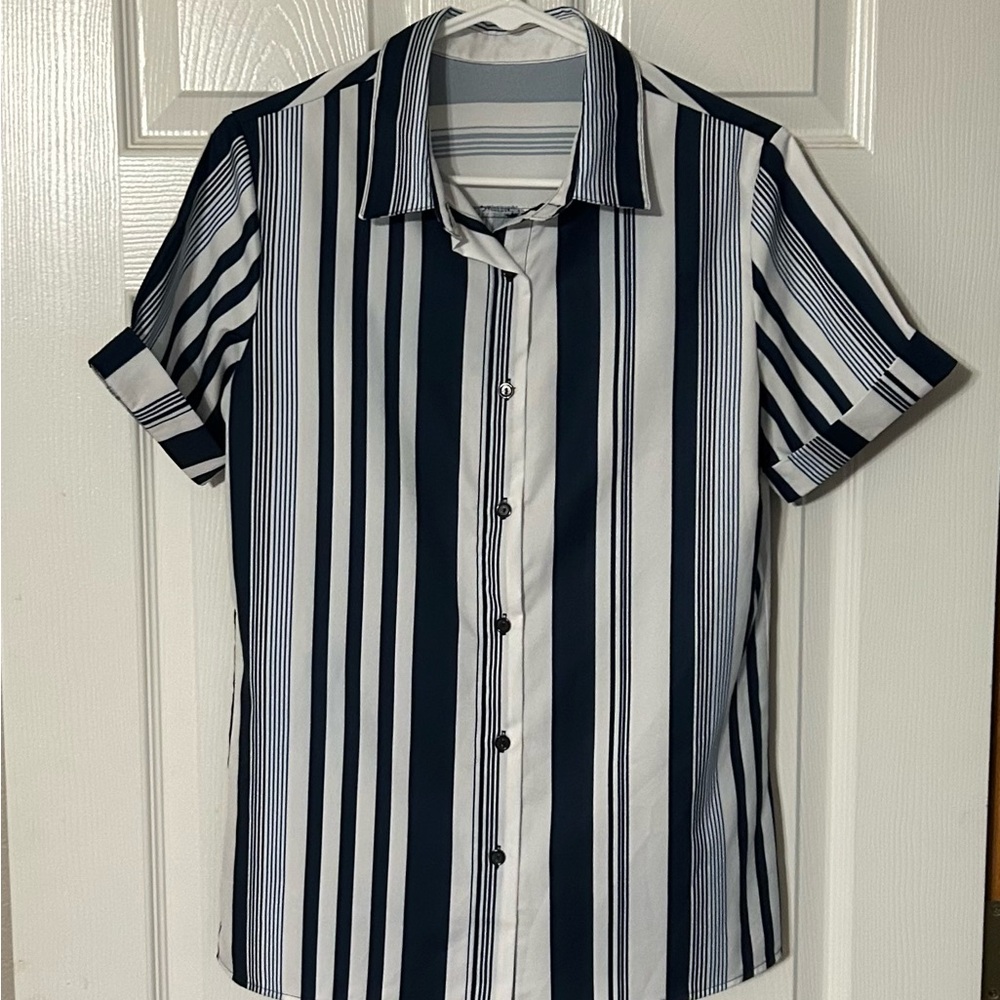 Women's Striped Short Sleeve Shirt - Navy and White